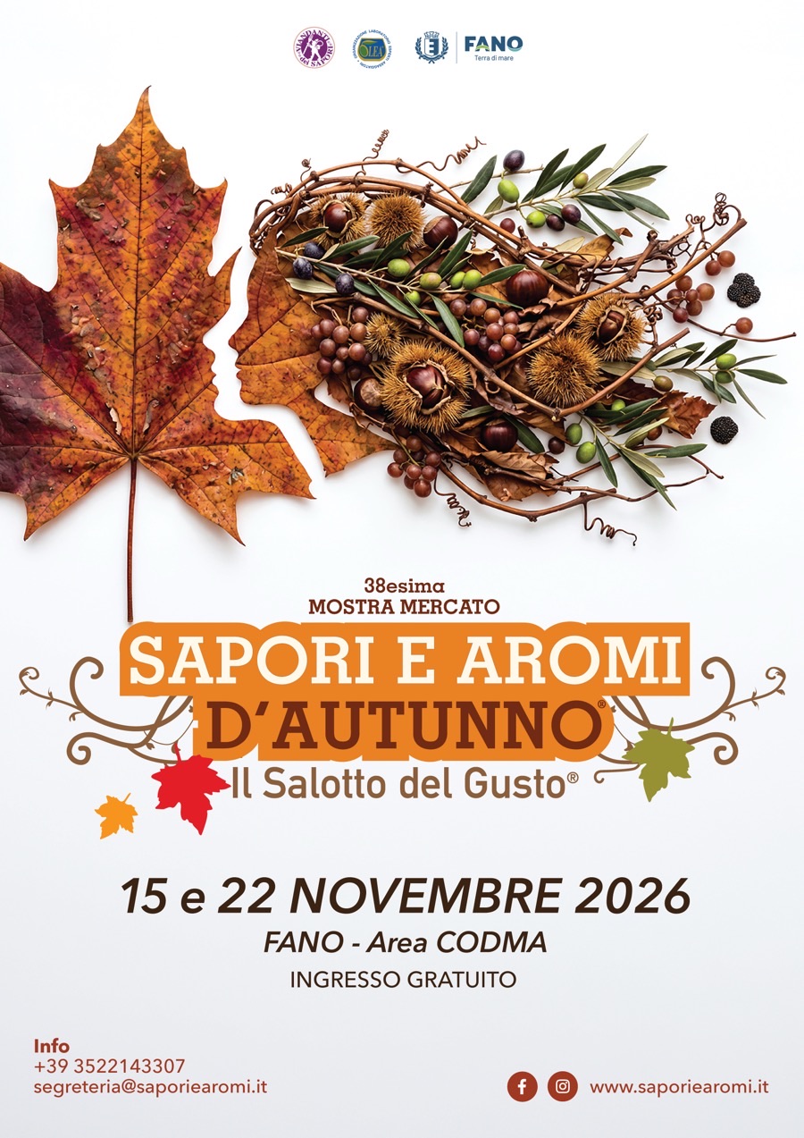 Locandina della 38ª Mostra Mercato Sapori e Aromi d'Autunno — Il Salotto del Gusto — 15 e 22 novembre 2026, CODMA Fano, ingresso gratuito